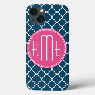 Elegant Navy Blue Quatrefoil with Pink Monogram