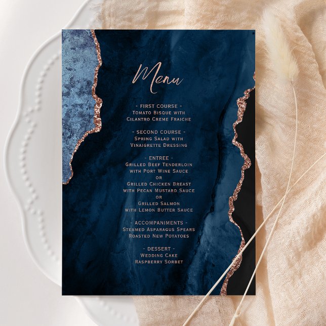 Elegant Navy Blue Rose Gold Agate Wedding Menu (Criador carregado)