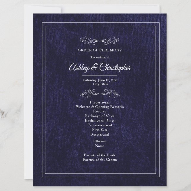 Elegant Navy Blue Velvet White Wedding Program (Frente)