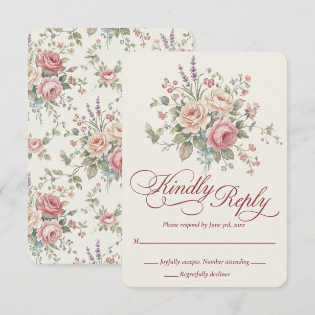 Elegant Pastel Roses Shabby Chic Wedding RSVP Card (Frente/Verso)