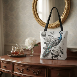 Elegant Peacock Tote Bag with Floral Illustration 