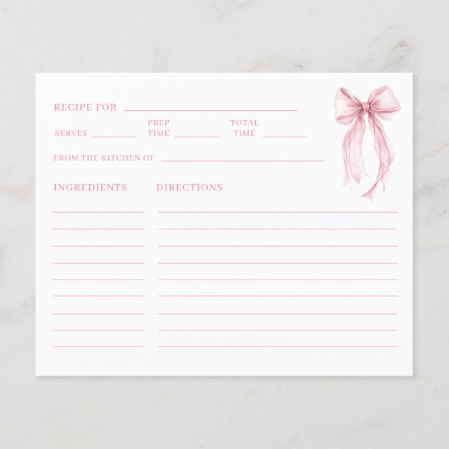 Elegant Pink Bow Bridal Shower Recipe (Frente)