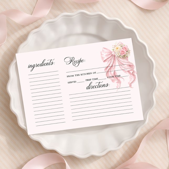 Elegant Pink Bow Bridal Shower Recipe Card (Criador carregado)