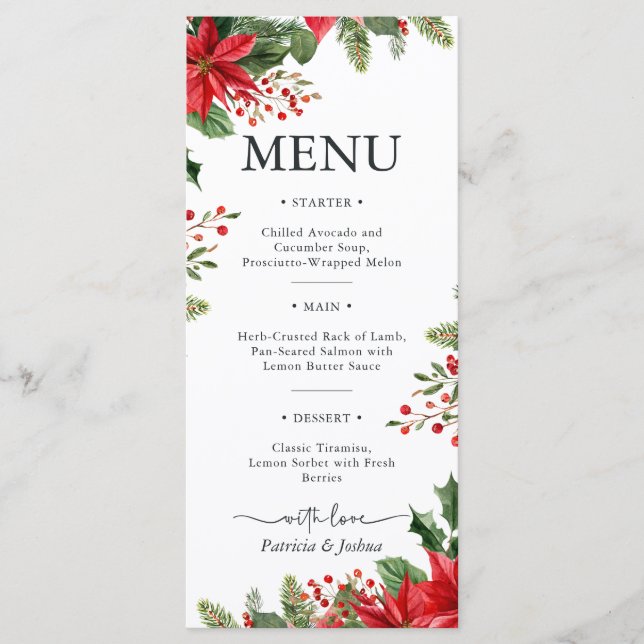 Elegant Poinsettia Christmas Wedding Menu Card (Frente)