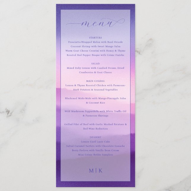 Elegant Purple Gradient Wedding Menu (Frente)