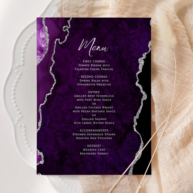 Elegant Purple Silver Agate Wedding Menu (Criador carregado)