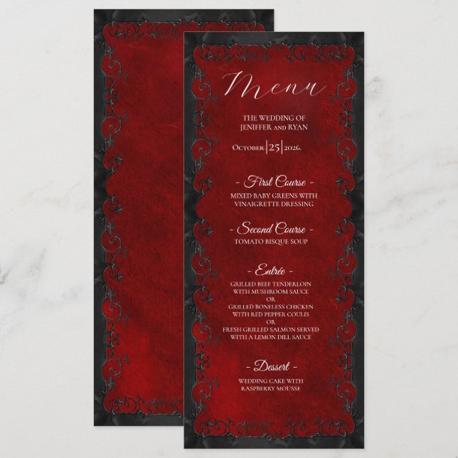 Elegant red Gothic Wedding Menu (Frente/Verso)