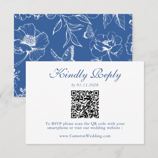 Elegant Royal Blue Floral QR Code Wedding RSVP  (Frente/Verso)