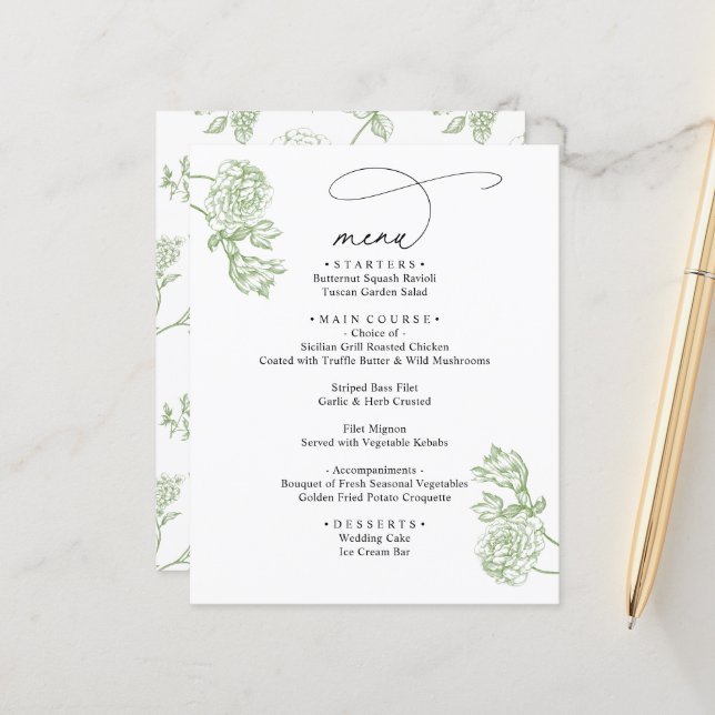 Elegant Sage Floral Modern Script Wedding Menu (Frente/Verso In Situ)