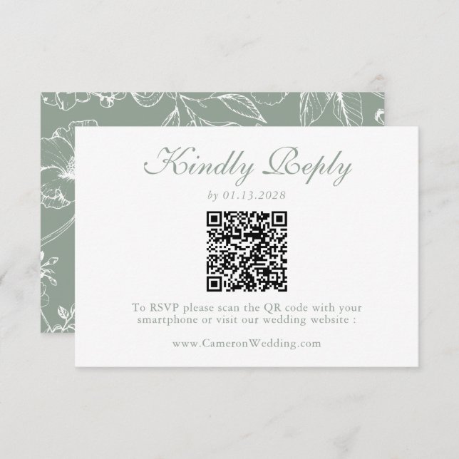 Elegant Sage Green Floral QR Code Wedding RSVP  (Frente/Verso)