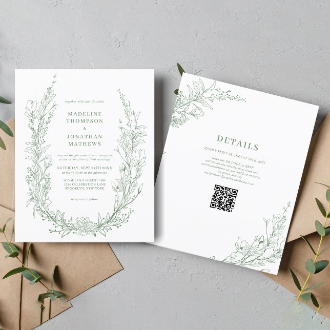 Elegant Sage Green Floral Wreath QR Code Wedding (Criador carregado)