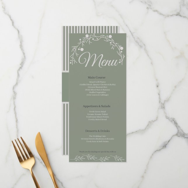 Elegant Sage Green Wedding Menu Card (Frente/Verso In Situ)