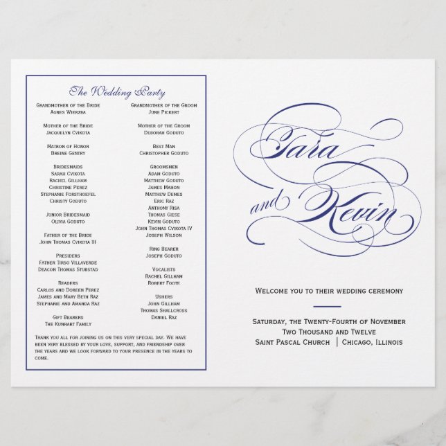 Elegant Script Wedding Program - Marinho (Frente)