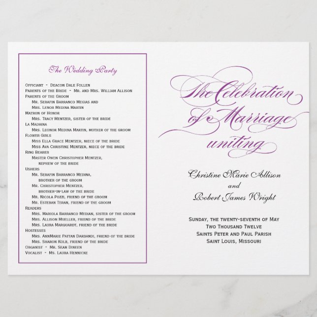 Elegant Script Wedding Program - Roxo (Frente)