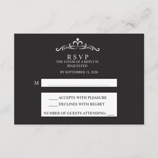 Elegant Silver and Black Horizontal Wedding RSVP  (Frente)