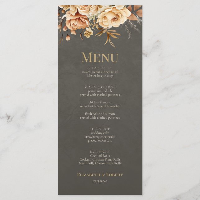 Elegant Taupe Floral Wedding Menu (Frente)