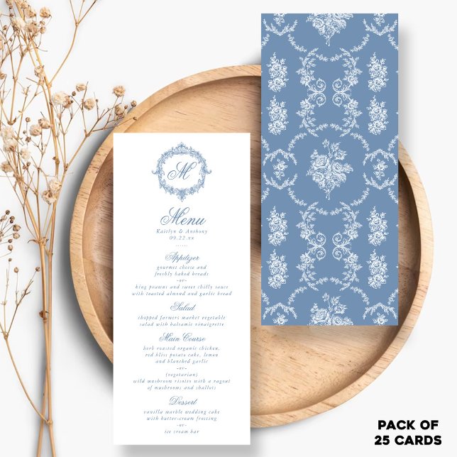 Elegant Vintage Blue Toile Monogram Wedding Menus (Criador carregado)