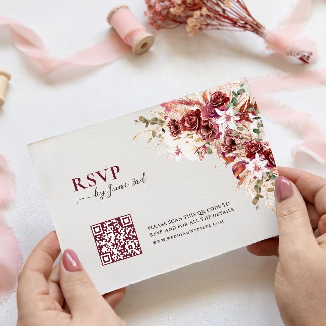 Elegant Watercolor Burgundy QR Code Wedding RSVP (Criador carregado)