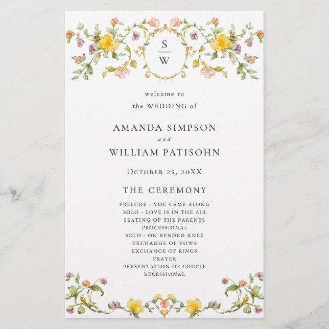 Elegant Watercolor Floral Wedeemony Program (Frente)