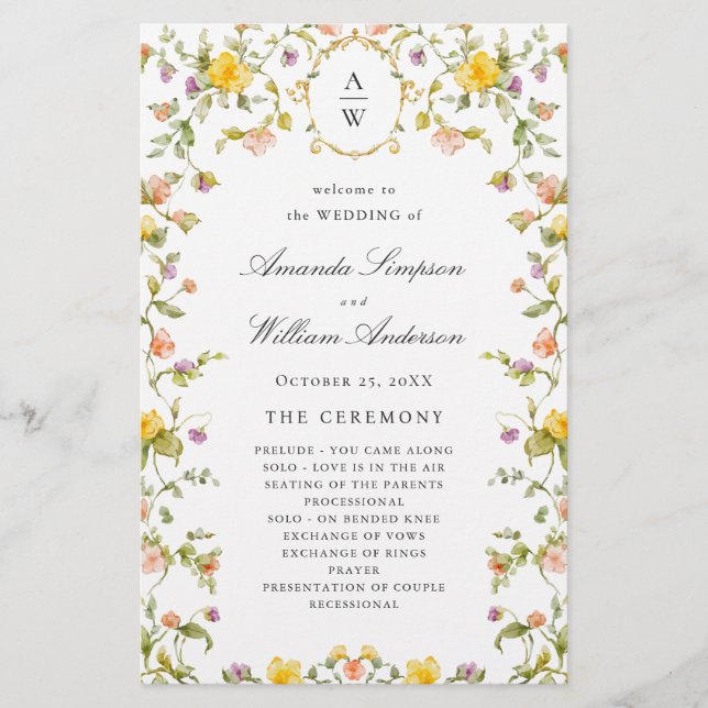 Elegant Watercolor Floral Wedeemony Program (Frente)