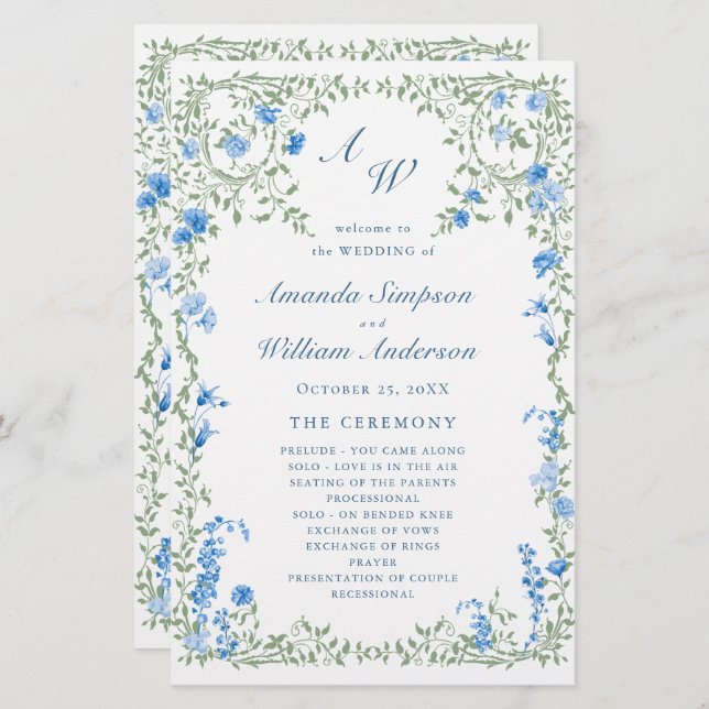 Elegant Watercolor Floral Wedeemony Program (Frente/Verso)