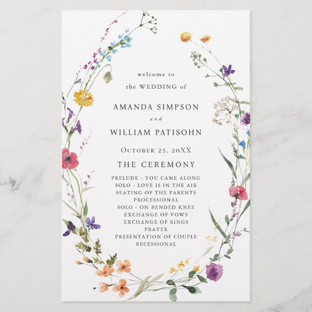 Elegant Watercolor Floral Wedeemony Program (Frente)