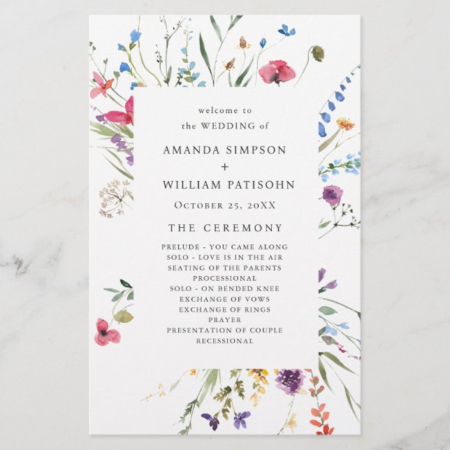 Elegant Watercolor Floral Wedeemony Program (Frente)