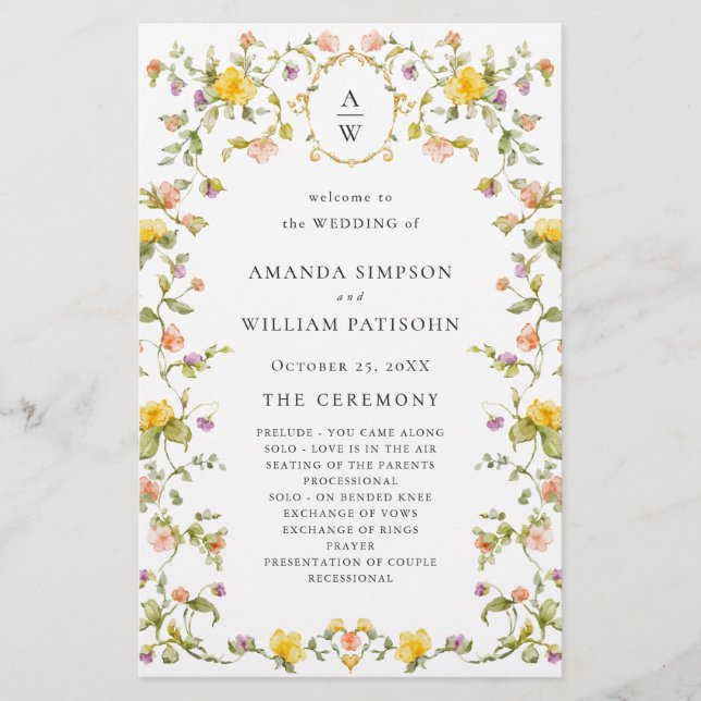 Elegant Watercolor Floral Wedeemony Program (Frente)