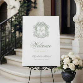 Elegant Wedding Monogram Crest Sage Green Welcome