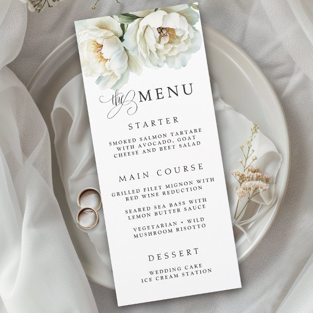 Elegant White Peony Floral Wedding Menu (Criador carregado)