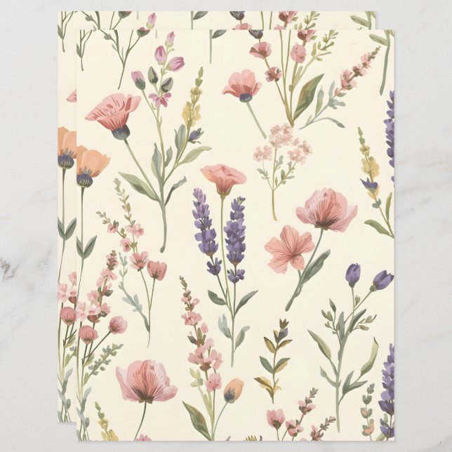 Elegant Wild flower Patterned Scrapbook Paper (Frente/Verso)