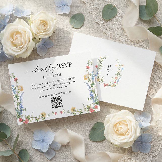 Elegant Wildflower Wedding QR Code RSVP Card (Criador carregado)