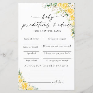 Elegant Yellow Baby Shower Predictions Card