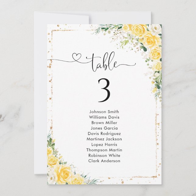 Elegant Yellow Table Number Seating Chart (Frente)