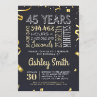 Elegante 45º Aniversário Convite Dourado Literário