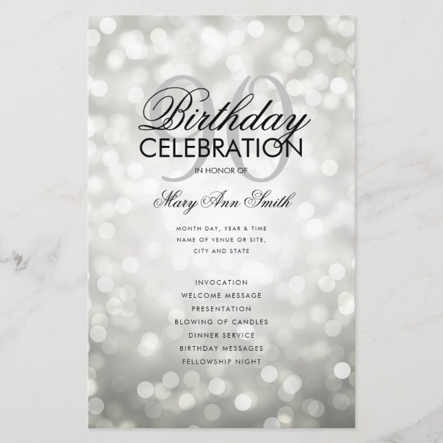 Elegante 90 Birthday Program Lights Silver Menu (Frente)