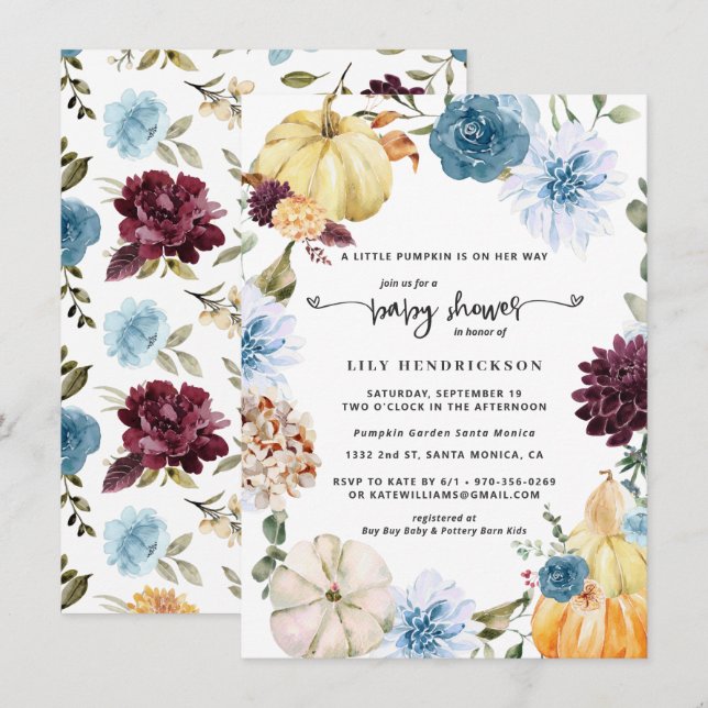 Elegante Abóbora Floral | Chás de Bebê de Outono (Frente/Verso)