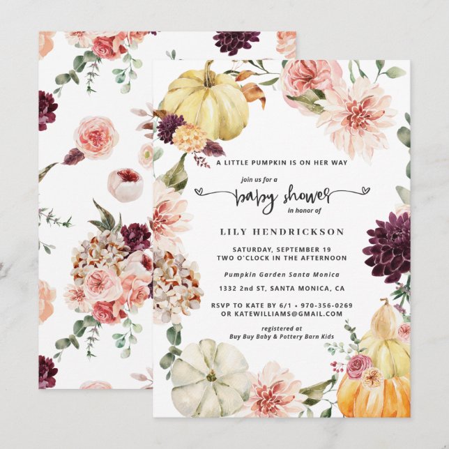 Elegante Abóbora Floral | Chás de Bebê de Outono (Frente/Verso)