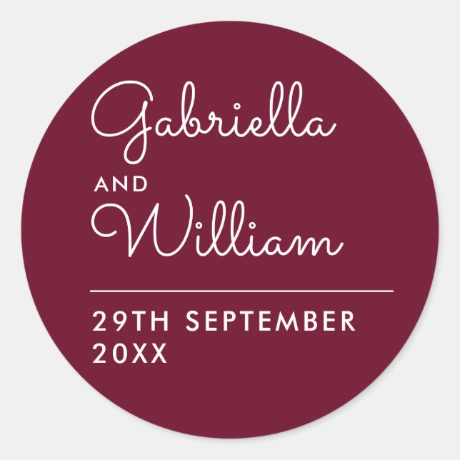Elegante Adesivo Redondo Favor de Script Burgundy (Frente)
