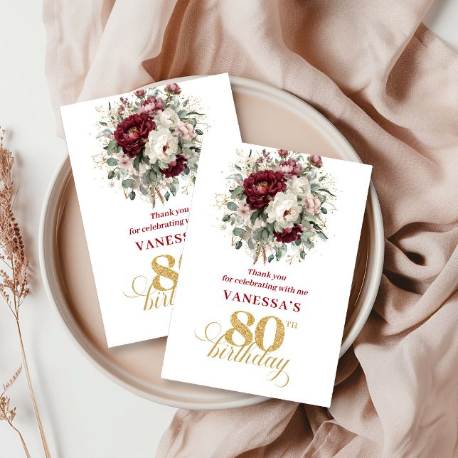 Elegante Agradecimento de 80º Aniversário em Bege  (Stylish Blush Burgundy 80th Birthday Thank You Card)