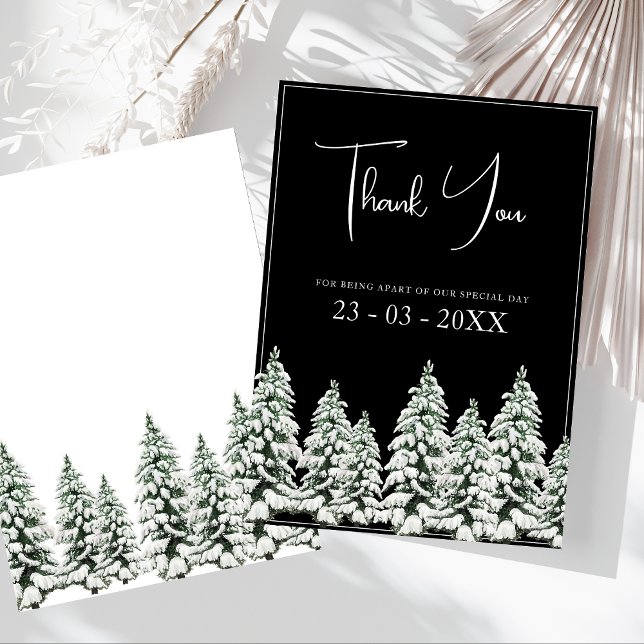 Elegante Agradecimento de Casamento de Pinheiro Ne (Winter Black and White Snowy Pine Trees Wedding Thank You Card)