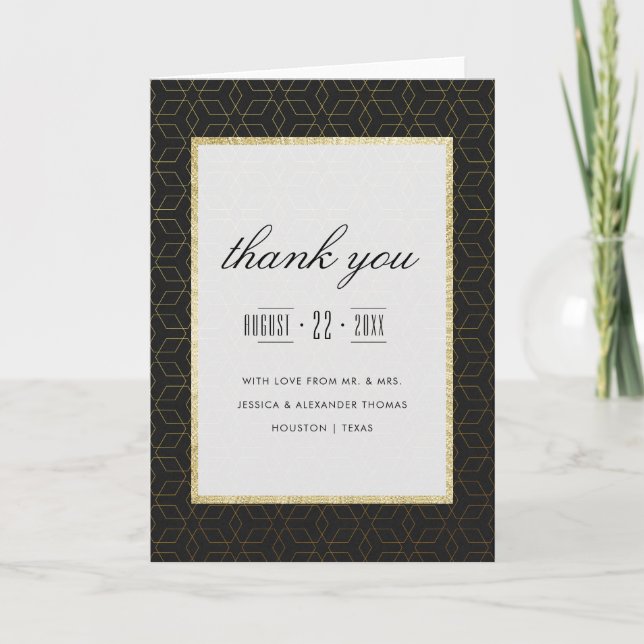 Elegante Agradecimento de Casamento Dourado e Pret (Frente)