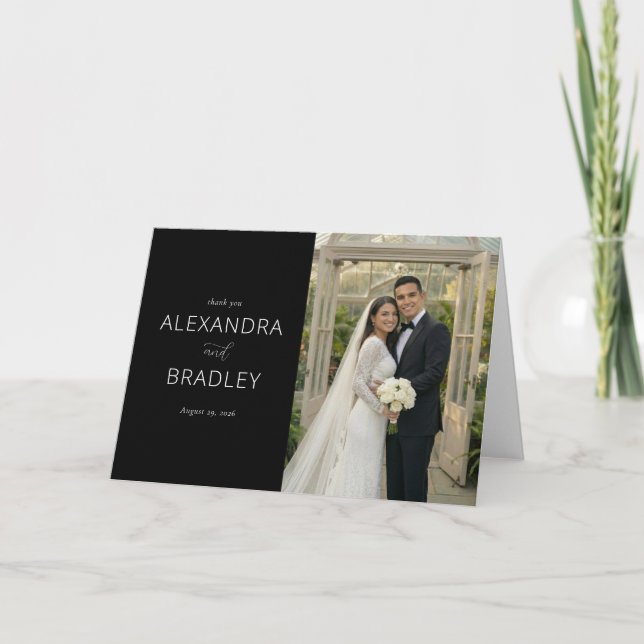 Elegante Agradecimento de Casamento Preto (Frente)