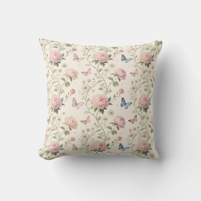 Elegante Almofada de Lançamento Floral e Borboleta (Frente)