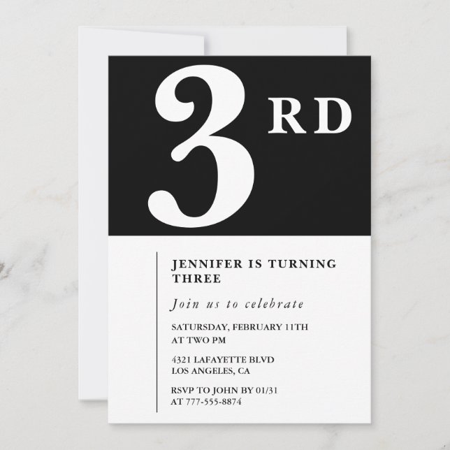 Elegante aniversário de 3 anos convite à Black Chi (Frente)