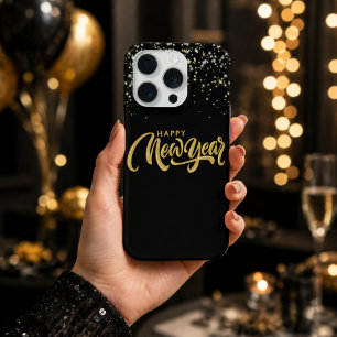 Elegante Ano Novo Feliz Preto Dourado