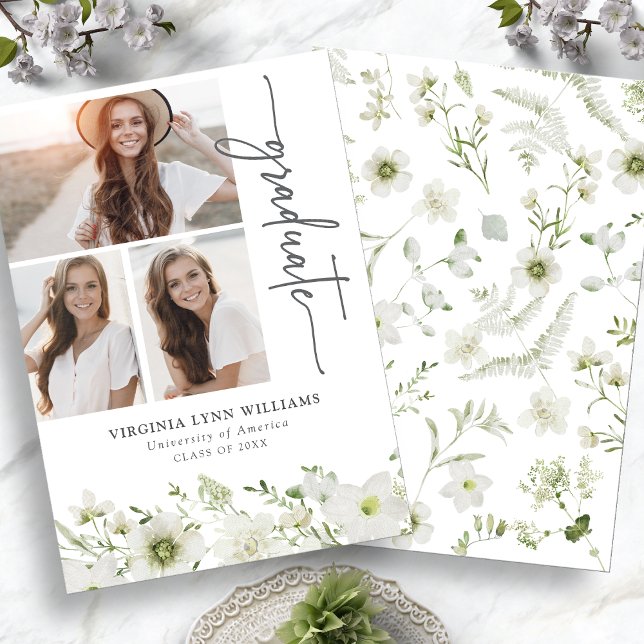 Elegante Anúncio de Conclusão de Curso com Foto de (Elegant Greenery Photo Collage Graduation Announcement by Painted Paperie
)