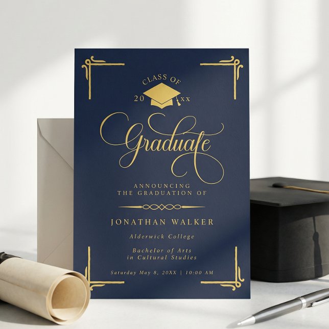 Elegante Anúncio de Graduação Azul Naval Dourado (Criador carregado)