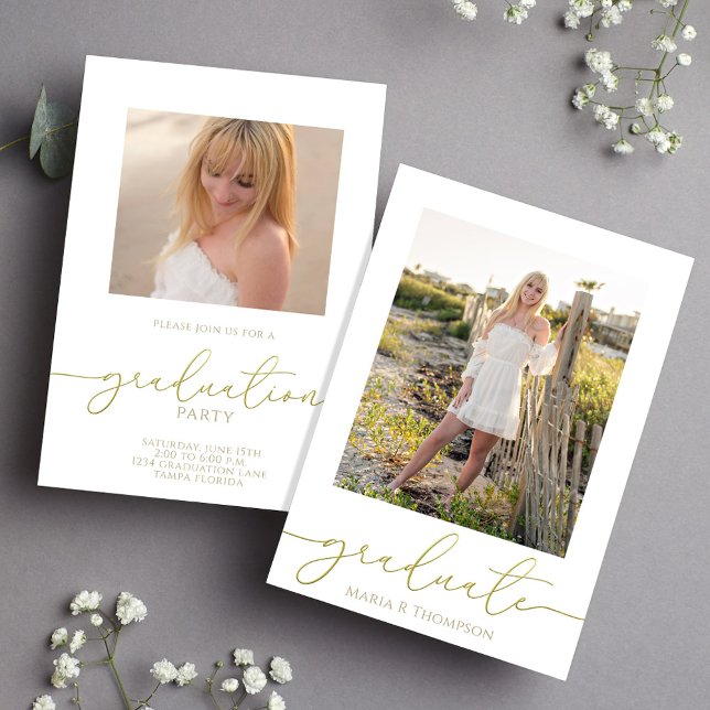 Elegante Anúncio de Graduação Dourado com Foto (Elegant gold typography graduation announcement with customizable graduate photo design.)