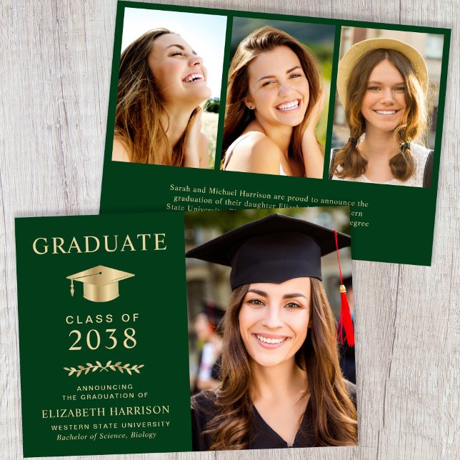 Elegante Anúncio de Graduação Verde e Dourado com  (Elegant Green Gold Photo College Graduation Announcement)